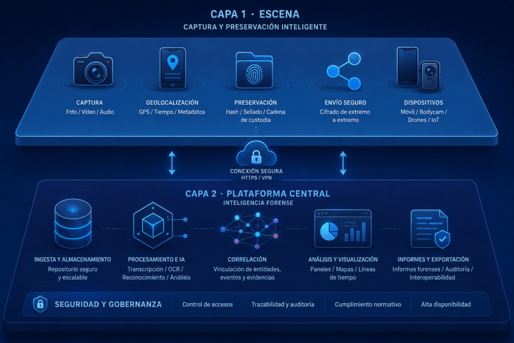 Diagrama de la solución ForensIA: escena y plataforma central de inteligencia forense